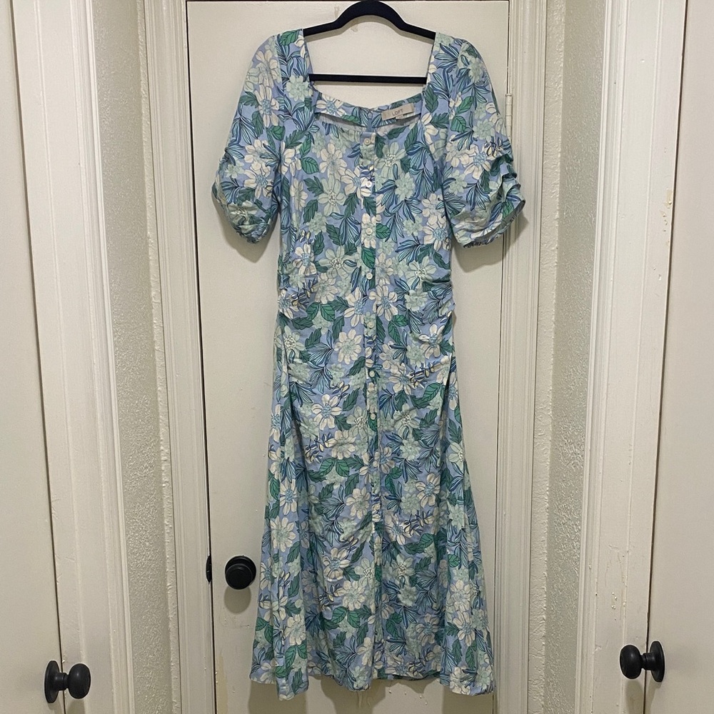 LOFT Blue and Green Floral Midi Dress with Square Neck
